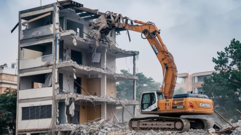 Excavator dismantling a multistory concrete building
